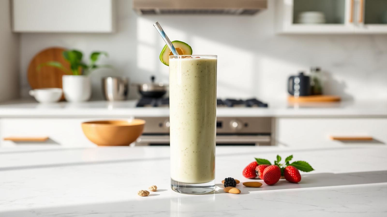 Keto meal replacement shake on a clean kitchen counter
