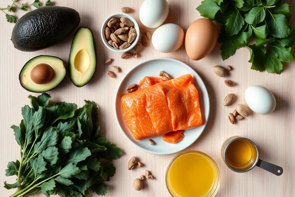 Low-carb keto-friendly ingredients on a wooden table